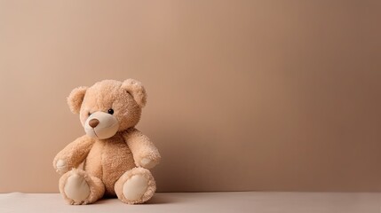 Teddy bear on a beige background with copy space, close-up, generative ai neutral background