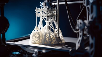 Fototapeta na wymiar A close - up of a 3D printer creating an intricate object, with copyspace. Generative ai.