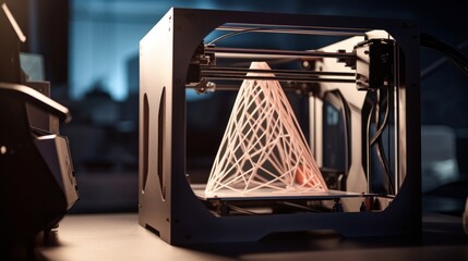 Obraz na płótnie Canvas A close - up of a 3D printer creating an intricate object, with copyspace. Generative ai.