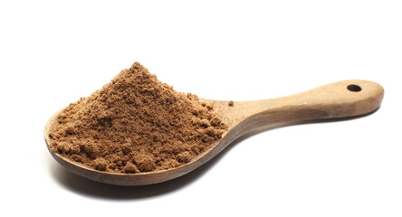 Coriander powder in wooden spoon isolated on white, side view