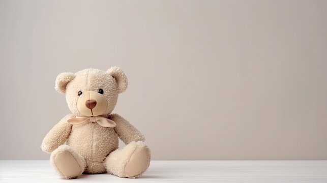 Teddy bear on white background with copy space for your text. Generative ai minimalist toy image in neutral colors