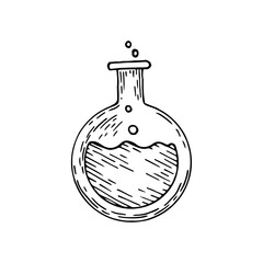 Laboratory flask sketch. Chemical experiments line art. Test tube with liquid. Hand drawn doodle vector illustration.