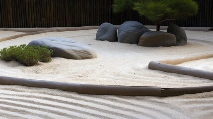 A peaceful zen garden with sand patterns and stones, providing text space. Generative ai.