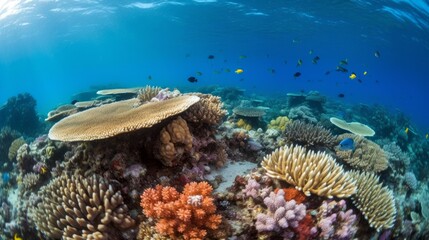 Naklejka na ściany i meble A pristine coral reef, vibrant and teeming with marine life. Generative ai.