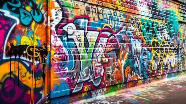 A vibrant graffiti wall, showcasing urban art and creativity, with copyspace. Generative ai.