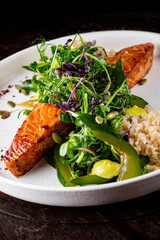 salmon fish with kinoa and vegetables salad