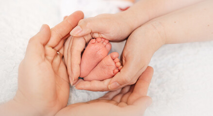 children's legs of a newborn baby in the hands of mother and father - heart shape