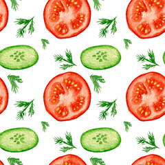 Watercolor pattern with with tomato and cucumber slices, dill on a white background. For various products, kitchen etc.
