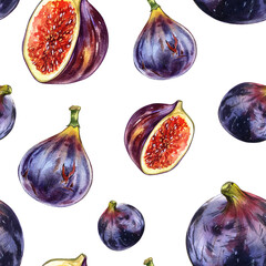 Seamless pattern ripe fig fruit, slice isolated on white. Watercolor hand drawing botanic illustration. Art for design - 592322173