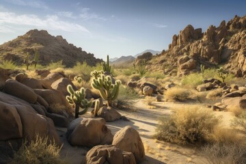 desert scene with cacti and rock formations in the background, created with generative ai