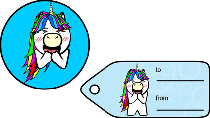 chubby unicorn kid cartoon gift card sticker illustration in vector format