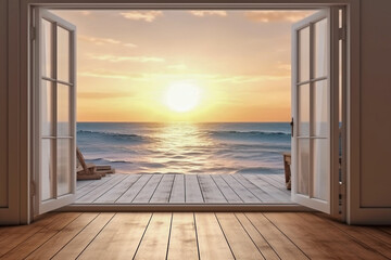Blick durch das geöffnete Fenster auf einen Sonnenuntergang am Meer