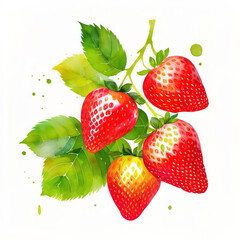 Watercolor drawing of ripe strawberries on a white background. Generative AI.