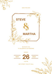 Minimalist wedding invitation template with gold hand drawn leaves and flowers decoration