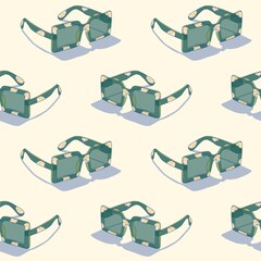 Seamless pattern with green sunglasses with cute flower pattern against bright background. Happy summer holidays concept. 80's aesthetic theme.
