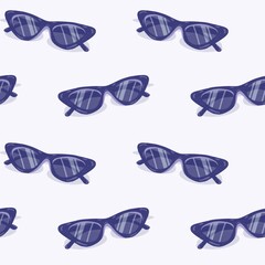 Seamless pattern with violet sunglasses on a bright background. Happy summer holidays concept. 80's aesthetic theme.