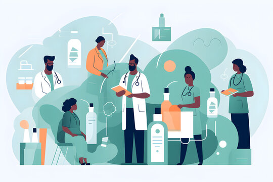 Flat vector illustration Medicine, covid and vaccines with doctor and black woman for prevention, treatment and diagnosis. Healthcare, drugs and injections with patients and specialists for checkups, 