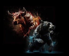 Fight between the Bull and Bear markets. Battle for the economy, created with generative AI technology - 592324343