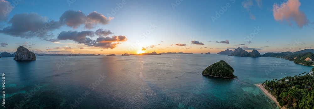 Wall mural drone panorama of the paradisiacal maremegmeg beach near el nido on the philippine island of palawan