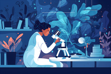 Flat vector illustration Microscope, black woman and medicine in a laboratory for research, analysis and medicine. Female doctor and scientist at work studying investigation, healthcare and futurism o