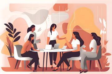 Flat vector illustration Meeting, Indian women portrait and proud manager collaborating in conference room. Success, leaders and employees excited about teamwork strategies in the workplace and compan