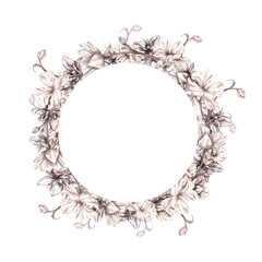 Wreath frame white ranunculus peony isolated on white. Watercolor hand drawing botanical illustration. Art for design