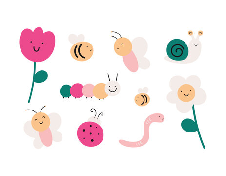 Set with cute insects and flowers. Colorful vector illustration in a flat style. Butterflies, bee, ladybug, caterpillar, worm, snail and flowers isolated on a white background.