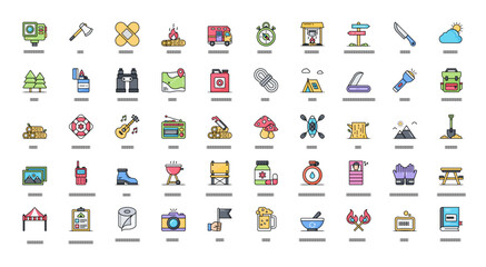 Fototapeta premium Camping Color Line Icons Vacation Mountains Icon Set in Filled Outline Style 50 Vector Icons