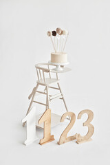 Happy birthday party background. Birthday decor and cake. One year celebration