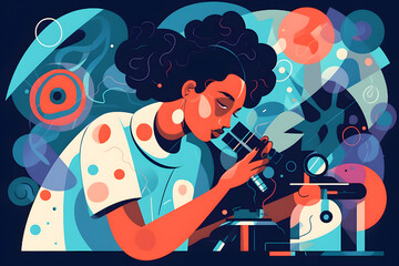 Flat vector illustration Microscope, black woman and medicine in a laboratory for research, analysis and medicine. Female doctor and scientist at work studying investigation, healthcare and futurism o