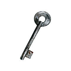 Rusty metal old style key isolated on white background. Watercolor hand drawing realistic illustration. Art for design