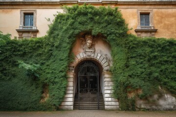 Fototapeta na wymiar entrance to an house with green arch, ai generative