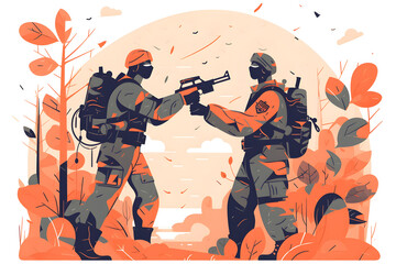Flat vector illustration Motivation, paintball team or high five on a mission, friends or soldiers training on the battlefield. A person who has a goal, a successful goal, or is supported in a partner