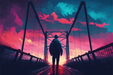 outline of man on footbridge against vibrant sky Fantasy concept , Illustration painting. Generative AI