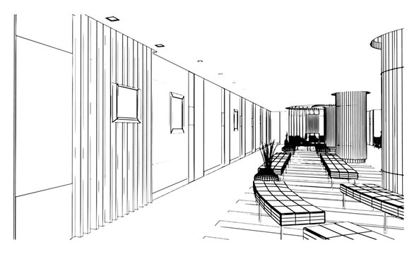 line drawing of the waiting area in the service station,3d rendering
