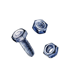 Set metal steel bolt, nuts isolated on white background. Watercolor hand drawing realistic illustration. Art for design