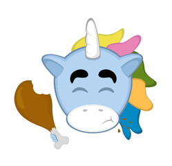 vector illustration face of a cartoon unicorn eating a chicken leg