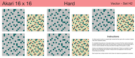 5 Hard Akari 16 x 16 Puzzles. A set of scalable puzzles for kids and adults, which are ready for web use or to be compiled into a standard or large print activity book.