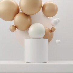 3D white podium on white studio background, Abstract Beige and White balloon surrounded, Showcase display mockup for product, 3D rendering, minimalist template and modern, Created using generative AI