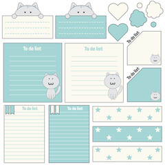 Cute blank paper notes. Stationery organizer set. Scrapbook notes and memo schedule.Printable planner stickers. To Do List sticky note pad. Digital planning element. Vector illustration.