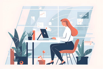 Flat vector illustration People with passion make things possible. Shot of a young businesswoman using her mobile phone at her desk in a modern office.