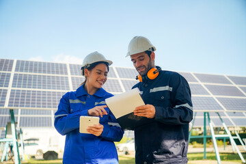 Obraz premium Solar panel, photovoltaic, alternative electricity source - concept of sustainable resources.