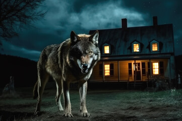Big, angry and hungry wolf next to house at night. Generative AI.