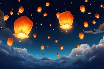Glowing Chinese lanterns soaring through nighttime sky, Generative AI