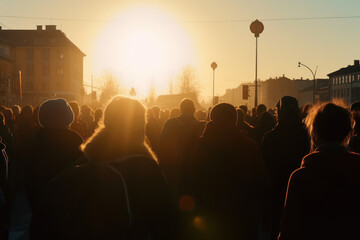 Crowd of people protesting together walking in the city, view from behind, Generative AI