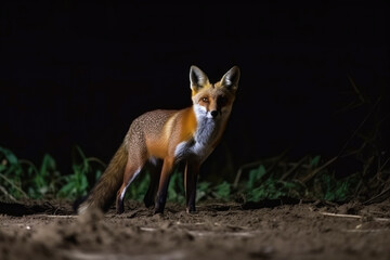 Fototapeta premium Fox preparing to hunt at night on a farm, Generative AI