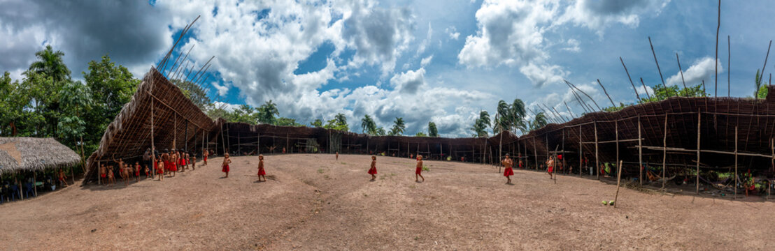 Aerial of a shabono (yanos), the traditional communal dwellings of the Yanomami tribes of Southern Venezuela, Venezuela