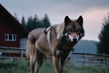 Big, angry and hungry wolf next to house at dusk. Generative AI