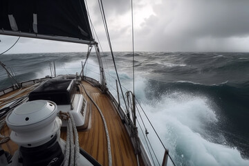 Obraz premium Sailing a sailboat or yacht on ocean during extreme storm with big waves, POV. Generative AI