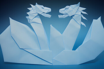 Paper origami two sea white dragons look at each other on a blue background. Generative AI